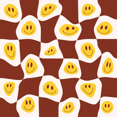 Fototapeta premium Retro seamless pattern with distorted checkered and smiling faces in style 70s, 80s. Trendy vector print for wrapping paper, textile, wallpaper 