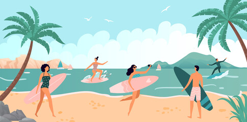 Summer sea activity, surfing on ocean waves - obrazy, fototapety, plakaty