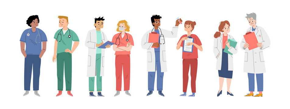 Doctors team, diverse hospital healthcare staff nurse, surgeon or therapist characters in medical robes. Group of clinic workers, medicine profession personages Cartoon linear flat vector illustration