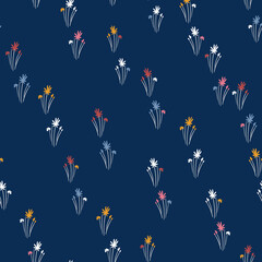 Seamless floral pattern based on traditional folk art ornaments. Colorful flowers on color background. Scandinavian style. Sweden nordic style. Vector illustration. Simple minimalistic pattern