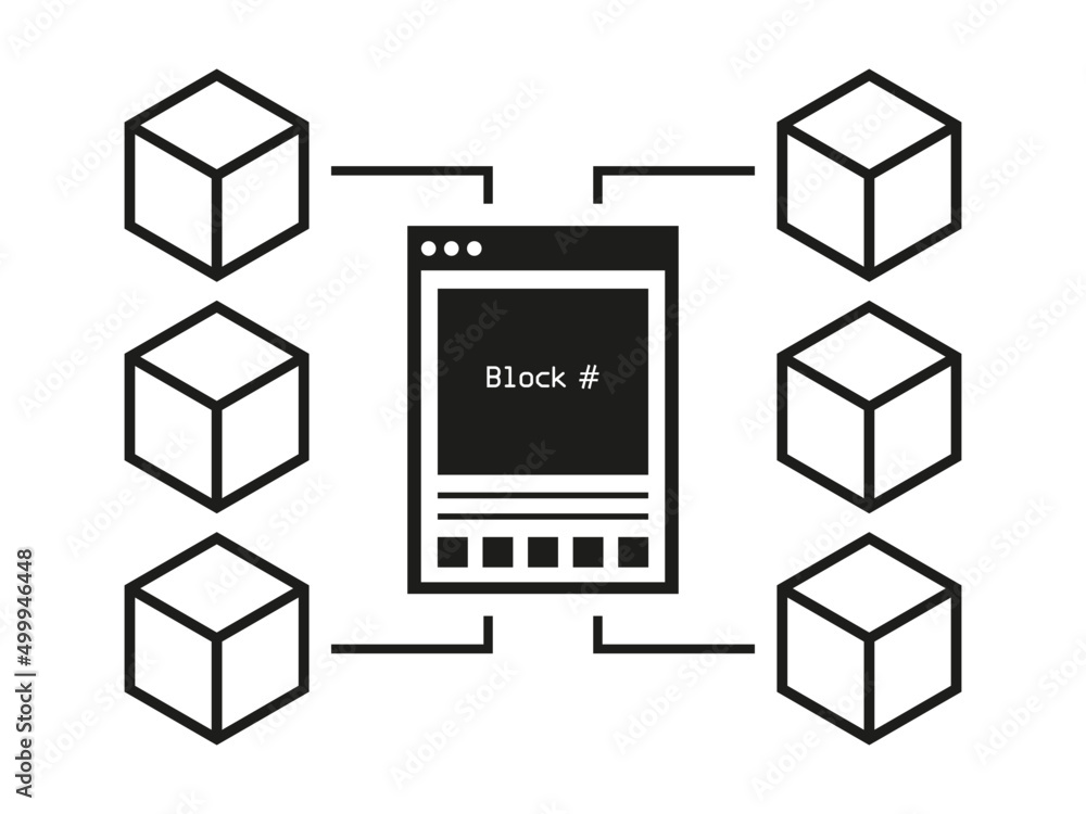 Aufkleber Blockchain cube network connect system template design vector. Crypto currency digital smart contract protocol decentralized contain cryptography hash, transaction data.