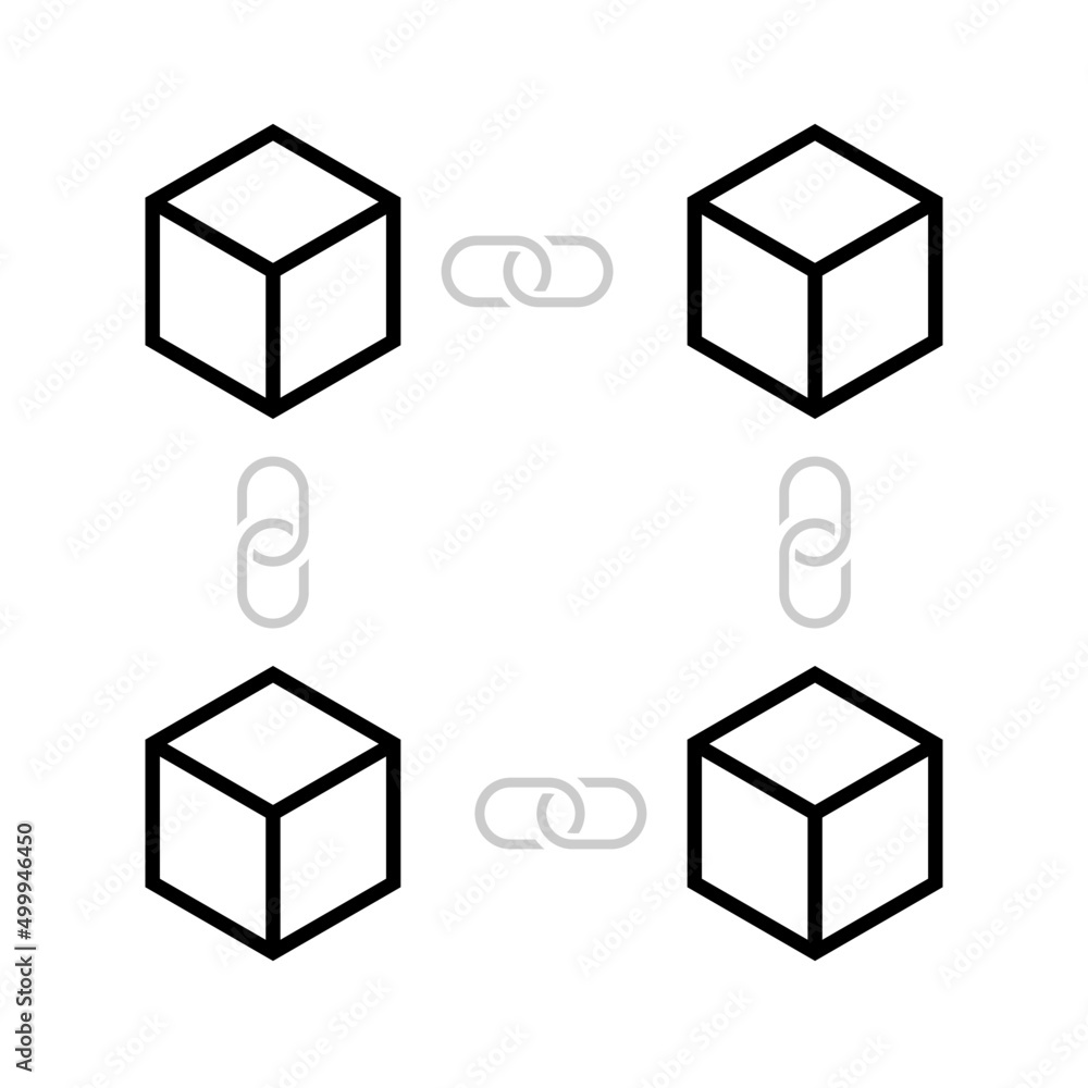 Leinwandbilder Blockchain cube digital system decentralized template design vector. Crypto currency digital smart contract protocol contain cryptography hash, transaction data, global linked network. 