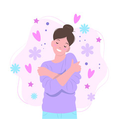 Happy smiling girl hugging herself, dreaming. Cartoon character. Colorful flat illustration.