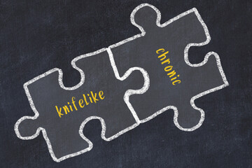 Concept of dealing with troubles. Chalk sketch of connecting puzzles with words knifelike and...