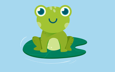 Frog standing on a lotus leaf to cool off, river and plants in the background, vector illustration