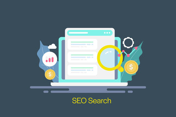 SEO, search engine displaying search results, search marketing and website ranking improvement, optimization concept, web banner template. - obrazy, fototapety, plakaty