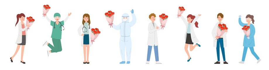Male and female team of paramedics or doctors or scientists or medical specialists, mother's day with carnations, thank mother
