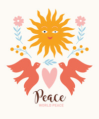 Two flying bird, heart and sun. Symbols of peace and goodness. Postcard, poster, flyer design