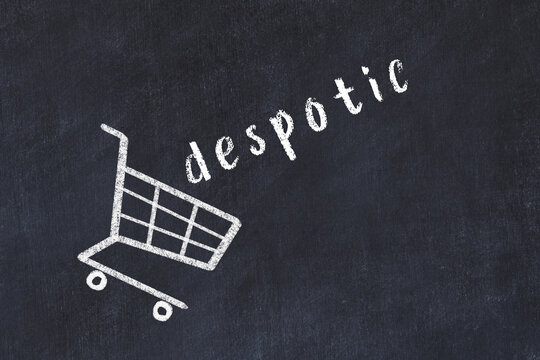 Chalk drawing of shopping cart and word despotic on black chalboard. Concept of globalization and mass consuming