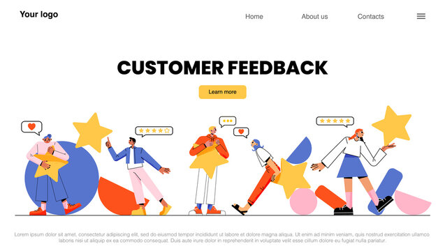 Customer feedback landing page. People holding stars, rating, consumer review, evaluation, satisfaction level and critic. Tiny clients with huge gold stars in hands, Linear flat Vector web banner