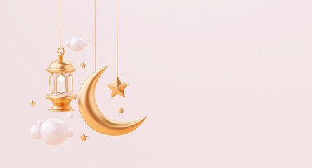 Ramadan Kareem greeting Islamic with moon star and lantern on copy space background 3D illustration © mamewmy