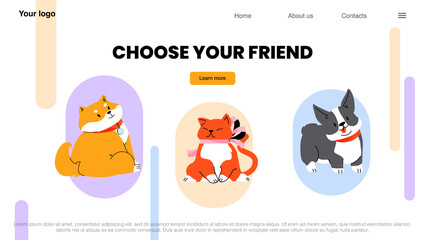 Naklejka na ściany i meble Choose your friend landing page. Home pets cats and dogs adoption, zoo market presentation of cute korgi and shiba inu puppies. Petcare and love to animals concept, Linear flat vector web banner