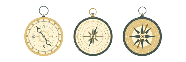 Retro compasses with rose of wind, arrow and loop. Antique navigation tools isolated icons. Nautical vintage travel objects for orienteering and marine journey, Cartoon flat vector illustration