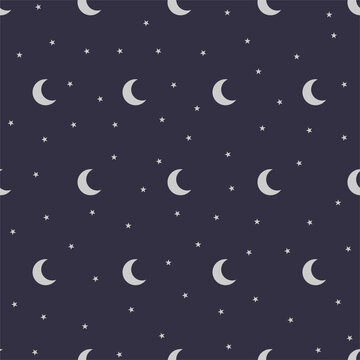 Flat silver moon icon with vector shape stars on a dark blue black background seamless pattern. EPS 10 illustration