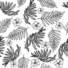Seamless pattern of tropical leaves and flowers hand-drawn in sketch style. Palm leaves, lotus leaves and foliage. Monochrome. Tropics. Summer. Isolated vector.