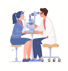 Clinic of ophthalmology. Eye examination and diagnosis of diseases. Oculist checks eyesight of patient. Vector characters flat cartoon illustration. - obrazy, fototapety, plakaty