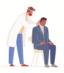 Otolaryngologist checks patient's ears with otoscope. Man on examination at ENT. Medical care and healthcare. Vector illustration flat cartoon isolated white background.