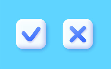 Tick and cross 3d vector icons on white background.