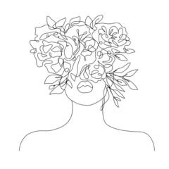Woman Head with Flowers Continuous Line Drawing. Abstract Floral Female Face One Line Drawing. Minimalist Botanical Concept, Woman Beauty Drawing. Female Modern Contemporary Portrait. Vector EPS 10