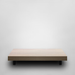 Wooden shelf on white concrete wall background for decorative design.