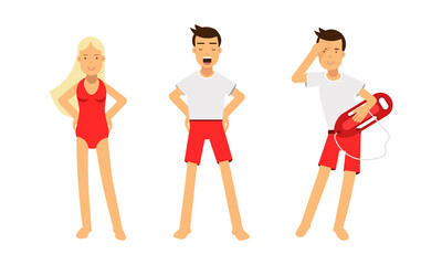 Lifeguards in red uniform set. Professional rescuers working at the beach vector illustration