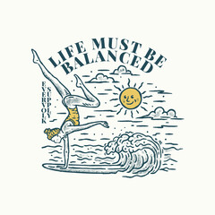 Yoga Surf Vintage Illustration