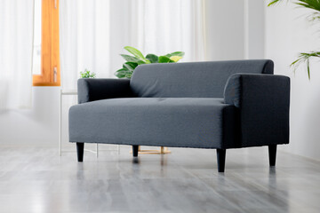 Stylish living room interior of modern apartment and trendy furniture, Sofa in the minimalist living room, the white room has a sofa. Minimal interior design ideas and bright room design.