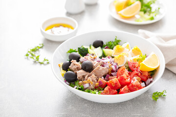 Tuna salad of tomato, cucumber, olives, onion, lettuce and boiled egg