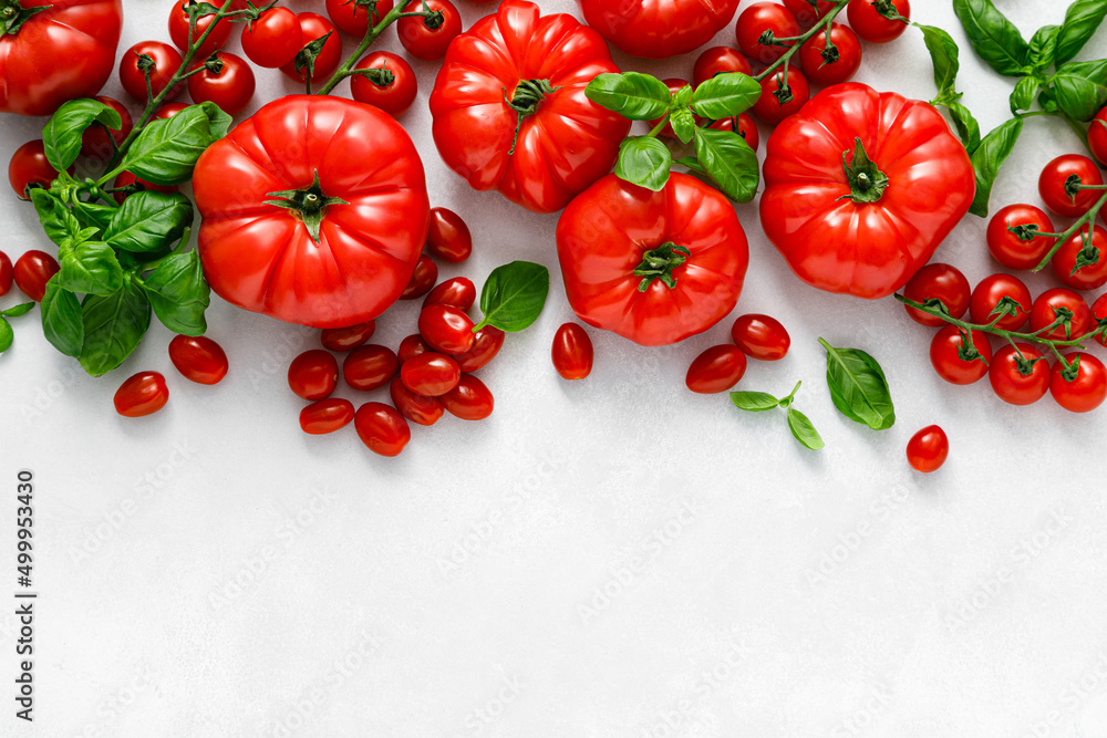 Sticker tomatoes and basil on white background, top view, flat lay