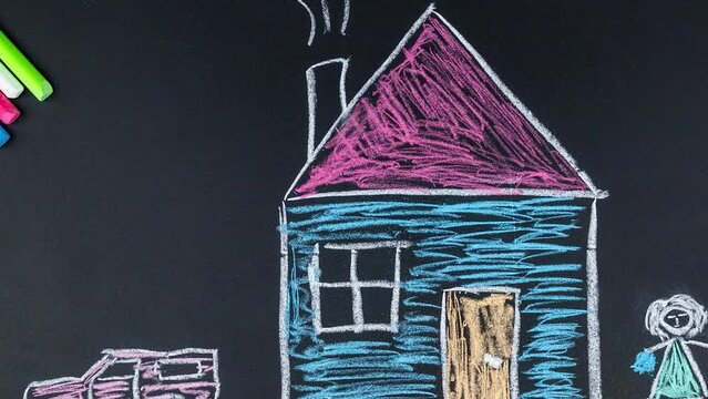 Child Draws A Family A House And A Car On The School Board