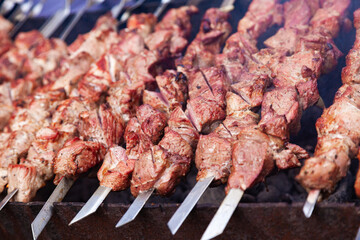 Grilled meat on skewers, close-up. Fried fillet pieces on grilled skewers.