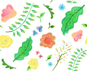 水彩画風のにじみが美しいボタニカルイラストのシームレスパターン