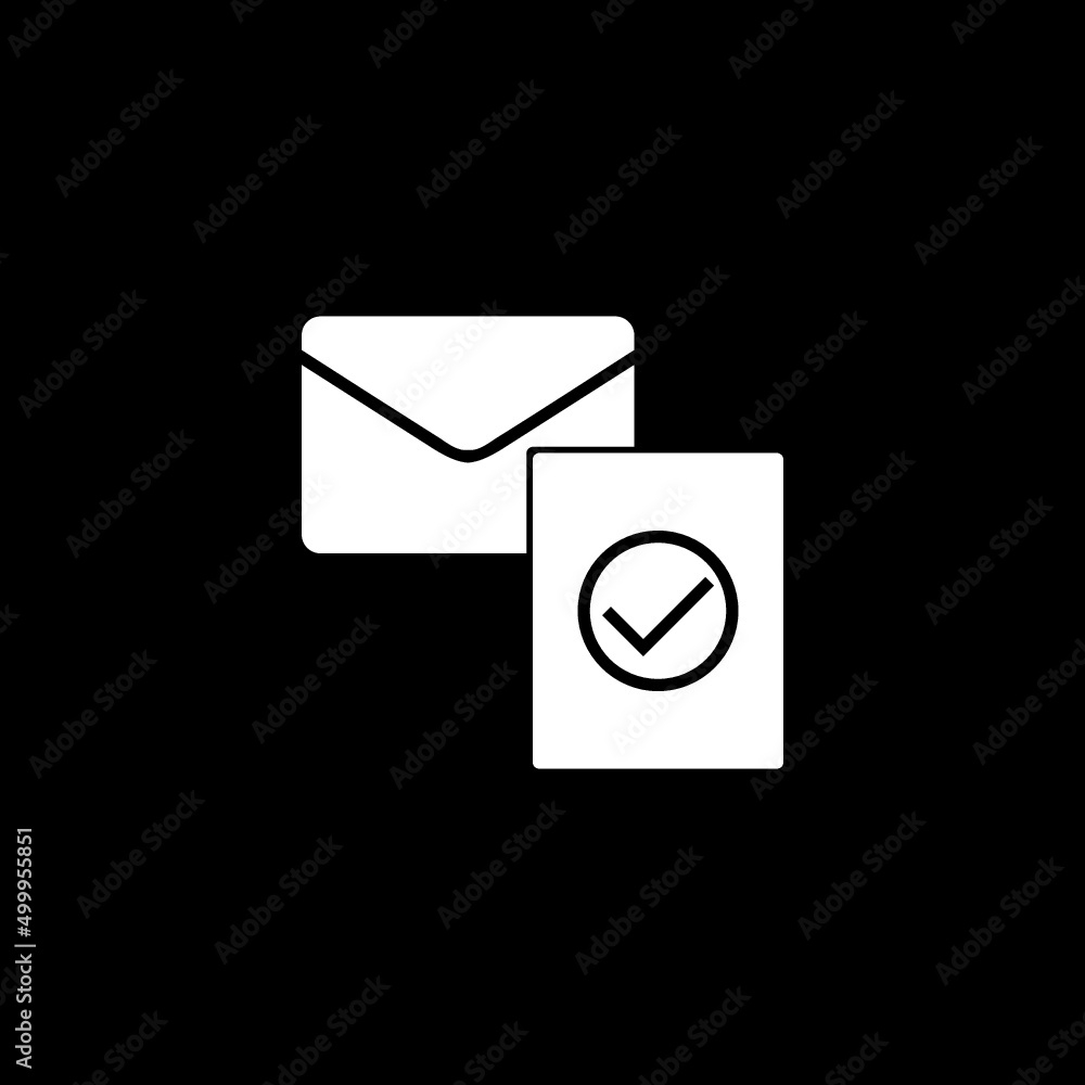 Poster open envelope with check document icon isolated on dark background
