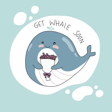 Get Whale Soon word and cartoon vector illustration doodle style	