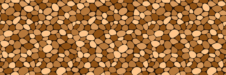 Stone paving seamless pattern vector illustration. Pebble repeated background. brown cobblestone rubble template wallpaper for interior designs, landscaping, web game and wall fill textures.