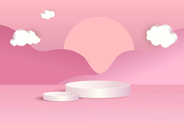3D Podium. White pedestal in pink scene, showcase for products presentation and advertising. Empty round platform on pastel background with clouds and sun, minimal modern design. Vector backdrop