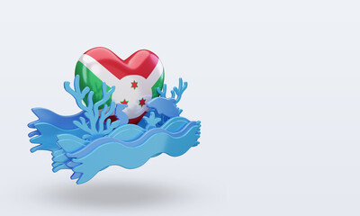 3d ocean day Burundi love flag rendering left view