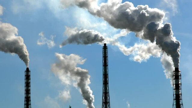 Industrial pipes pollute the ozone layer. Factory chimneys smoke into the sky. 