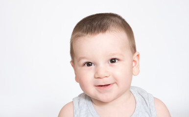 Image of cute baby boy, closeup portrait of adorable child isolated on white background, sweet toddler healthy childhood, perfect caucasian infant, lovely kid, innocence concept