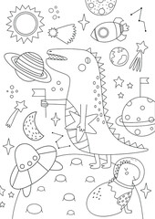 Big coloring poster for kids. Coloring poster with dinozaur in space © Alina