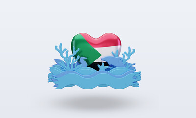 3d ocean day Sudan love flag rendering front view