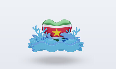 3d ocean day Suriname love flag rendering front view