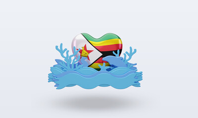 3d ocean day Zimbabwe love flag rendering front view