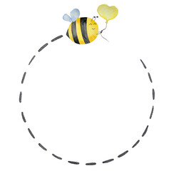 Watercolor cute bee with flight path, honey, summer theme. Honey design for baby.