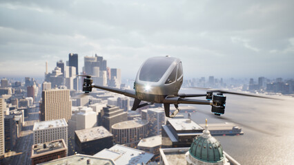 Autonomous driverless aerial vehicle fly across city, 3d render © kinwun