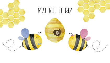 Set of watercolor cute bees with flight path, honey, summer theme. Girl and Boy Bee baby shower party. Honey design for baby.