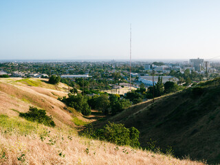 Landscape of grass, mountains, greens, hills , and the city of Los Angeles