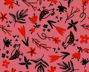 Fototapeta premium Abstract Hand Drawing Oriental Vintage Flowers Leaves and Birds Seamless Vector Pattern Isolated Background