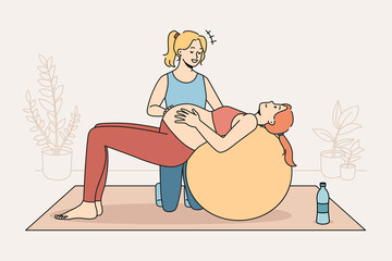 Female coach help pregnant woman do exercise on fit ball do sports preparing for maternity leave. Trainer workout train with future mom to be. Pregnancy and physical activity. Vector illustration.