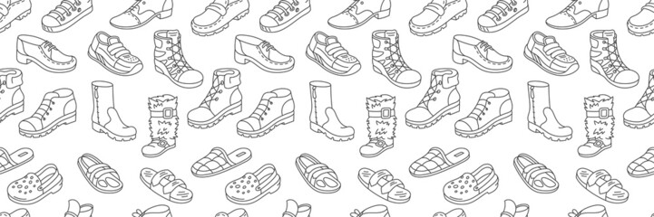 Shoes seamless pattern background. Different types of shoes. Editable stroke.